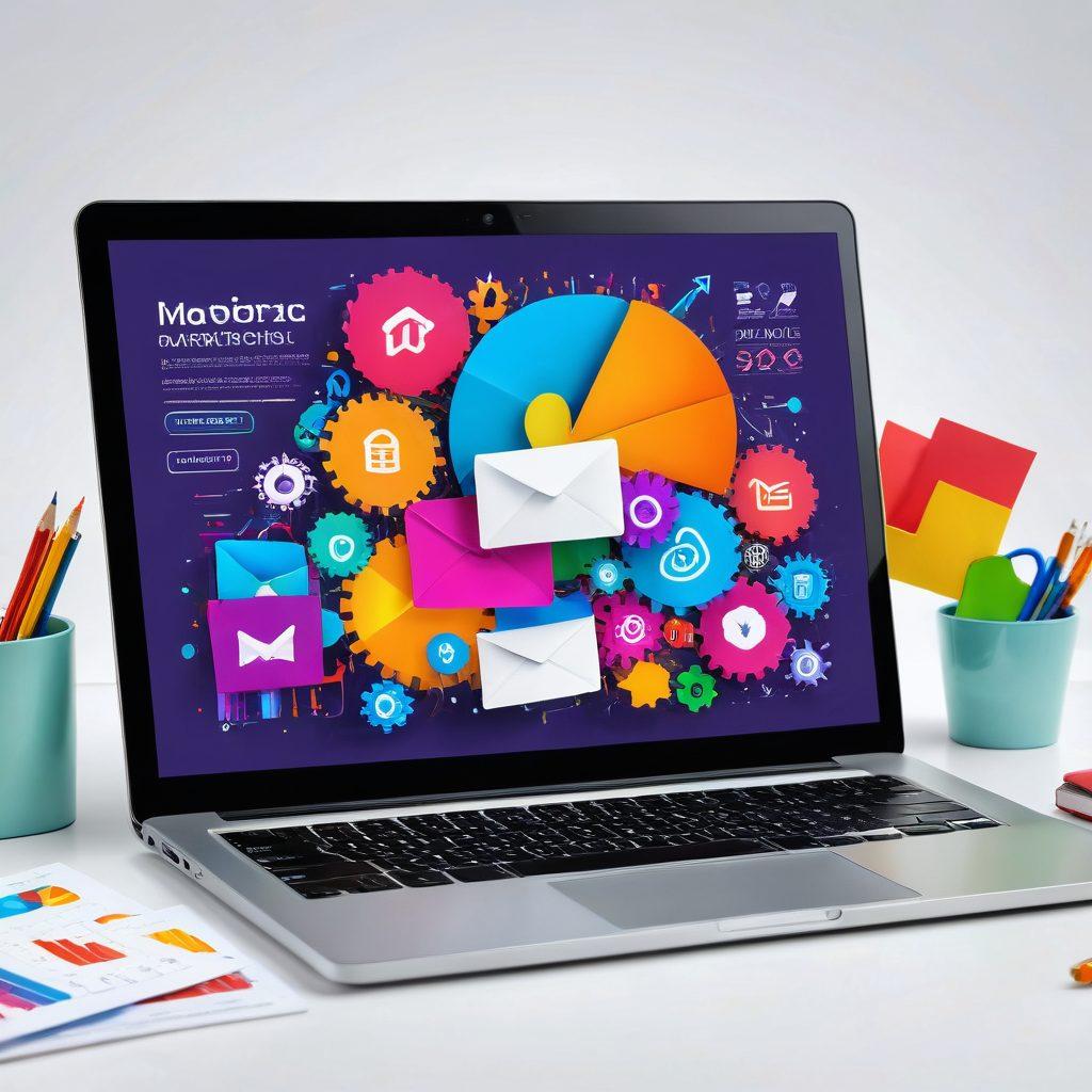 An open laptop displaying a vibrant dashboard of an email marketing campaign with colorful charts and graphs. Surrounding the laptop, there are envelopes iconically bursting with digital marketing elements like social media icons and click-through rates. In the background, soft gears and abstract technology motifs to symbolize strategic planning and efficiency. The lighting should be bright and engaging, conveying a sense of mastery and success. super-realistic. vibrant colors. white background.